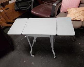Small MCM Light Gray Painted Typing table stand on wheels Measures Approx: Opened 35.5"W x 14.5"D x 25.5"H Closed 18.25"W x 14.5"D x 25.5"H WAS $85 NOW $70