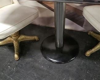 MCM Pink rectangular formica top with white & gray floral design on opposite corners, chrome trim & base cylinder with black painted round metal base Table only $295 Off-white vinyl swivel chairs on gold metallic legs Chairs only $295 Set complete $495
