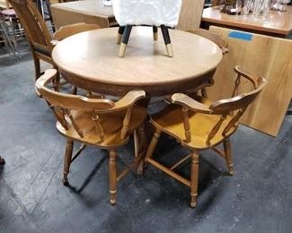 Solid Oak Table with Wood Grain style laminate top with leaf & 4 solid wood Captains armchairs Table 42" diameter Leaf 10" W WAS $295 NOW $250