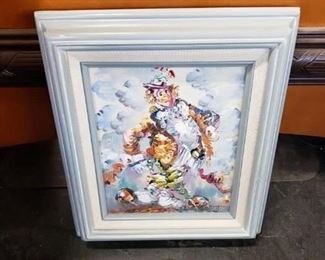 Morgan Signed Gray Framed Original Clown Oil Painting Picture 8 x 10 Frame 14.5"H x 12.5"W WAS $95 Now $65