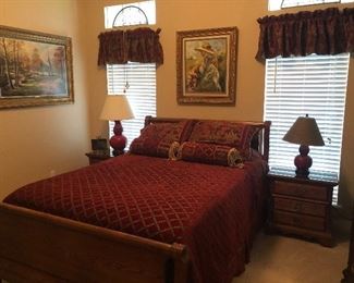 Full/Queen Oak Sleigh Bed, with Matching Nightstands, Dresser and Chest, Parsons Chair, Large Armoire 