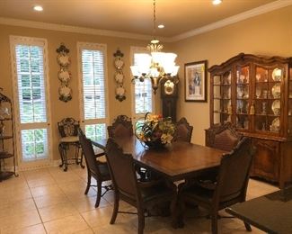 Dark Oak, Table 2 Leaves, and 6 Armed Chairs, Large Ethan Allen Display/China Cabinet, Ethan Allen Grandfather Clock,