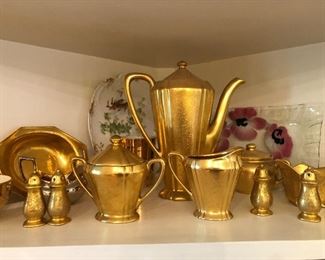 Vintage gold tea set, salt and pepper shakers