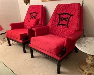 Pair of awesome Mid-Century Modern asian style Red chairs. Incredible looking but the foam is hardened, and you need to do a reupsholster for some fraying on the back of chairs too.  $200 pair
