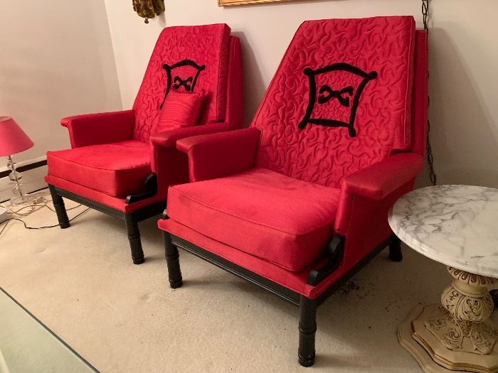 Pair of awesome Mid-Century Modern asian style Red chairs. Incredible looking but the foam is hardened, and you need to do a reupsholster for some fraying on the back of chairs too.  $200 pair