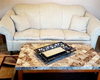 Hide-a-bed sofa, matching end tables & coffee table, set of two fancy trays & area rug