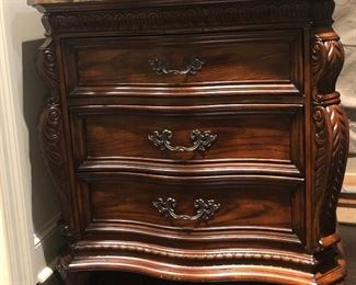 Beautiful three drawer marble top nightstand,            
  lovely wood & marble