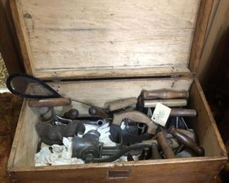 COLLECTION OF ANTIQUE TOOLS AND BOX