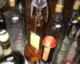 Items Located On The Sun Porch ~ Vintage Bar Decanters, Liquor And Accessories