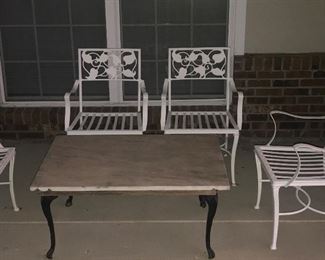 Items Located The Front Porch ~ Vintage Woodard / Salterini Set Of Four Patio Chairs ~ Metal And Marble Coffee Table