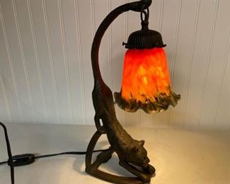 Cast Iron Pouncing Cat Table Lamp with Glass Shade