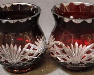 80 - Pair Ruby Cut to Clear Candle Holders - 2pc. 