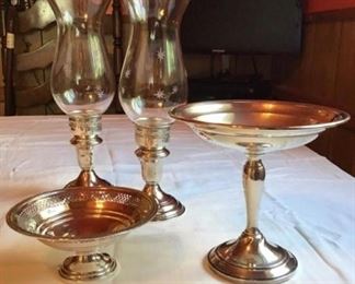Sterling Silver Hurricane Candleholders and Candy Dish Gorham, Reed and Barton