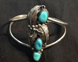 Old Pawn Native American Style Feather Detailed 55x20mm Turquoise Accented Feature Sterling Silver; 18 Grams