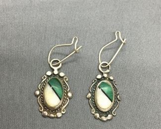 Mother of Pearl, Onyx & Malachite Mosaic Inlaid Center Vintage Design Oval 18x13mm Pair of Sterling