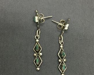 Three Elongated Oval Turquoise Accented Old Pawn Mexico Style 39mm Long 4.5mm Wide Pair of Sterling