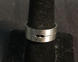 Black Widow Spider Cut-Out Detailed 8mm Wide Sterling Silver Band; size 8