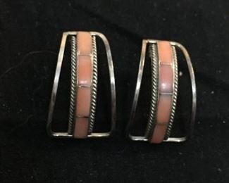 Rhodochrosite Inlaid 25mm Long 15mm Wide Rope Detailed Pair of Sterling Silver Earrings