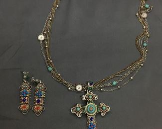 OhiPop Designer Gemstone Studded Lot of Two Necklace & Earrings, 28in Long Alloy Necklace Vibrant