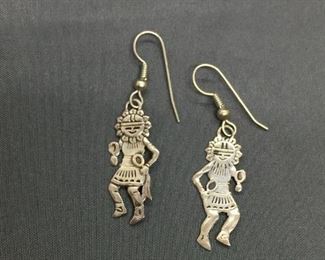 Old Pawn Mexico Aztec Ceremonial Dancer Design 30mm Long 12mm Wide Detailed Pair of Sterling Silver