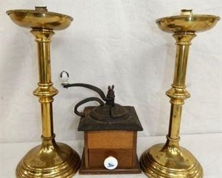 EARLY UNUSUAL BRASS CANDLE HOLDERS, ETC 