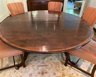 Tom Stringer custom inlaid Regency-style dining table           Asking 1400.00                                      Originally 5600.00             60" round with two 15" leaves                                                      