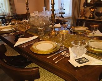 Mid Century Modern dining table, Limoges China, Sterling Flatware, and Mid Century Modern Punch bowl