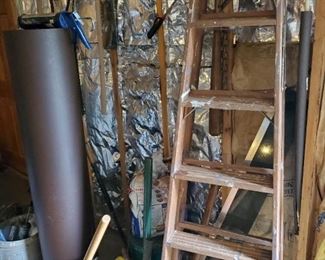 wood ladders, plastic buckets and bins