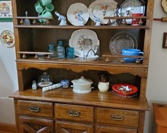 Open top cupboard hutch with drawers and bottom storage, Set of FireKing Jadeite coffee mugs just SOLD, various glassware, dishes and plates