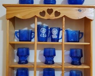 Quite Rare! Hazel Atlas Cobalt Blue Depression Glass Shirley Temple Cream Pitcher, Shirley Temple Coffee Mug. Set of 6 cobalt blue drinking glasses, Cobalt blue vases.