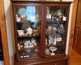 Glass front antique curio china hutch, interior items sold by the piece.