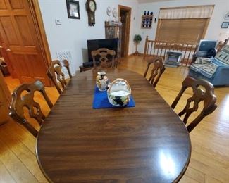 Large Dining Table with 6 Chairs, 6th Chair was in bedroom when we photographed this. Leaf inserted for photo.