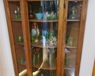 Antique oak curved glass, corner curio hutch.