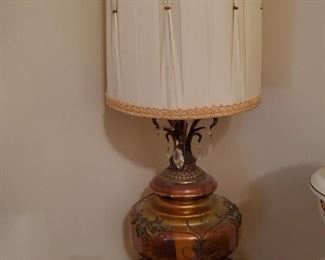 Antique Glass Globe Bottom Lamps with Dangling Crystal Accents and Ornate Metal Base. Two Available. $100 each