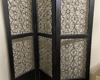 3 panel iron and wood room divider.