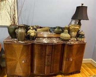 Incredible buffet/sideboard with marble top and mirrored back shelf on top.
