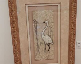 THIS IS VERY INTERESTING AND LARGE.  I CAN'T TELL IF THE BIRD IS A CARVING OR POTTERY OR EVEN STONE -- IT IS THREE DIMENSIONAL WITH A FABULOUS FRAME.