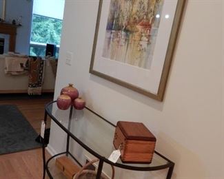 NICE ENTRY TABLE WITH A HAND MADE BOX ON TOP.