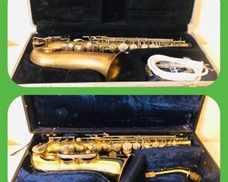 Vintage saxophones in original hard  cases
Top  USA 641444 Buescher Aristocrat Alto Saxophone (1975 – 1980) with Case, Neck Arm, and Ligature Mouthpiece
Bottom 53277 Italy Schaeffer Evette Tenor Saxophone