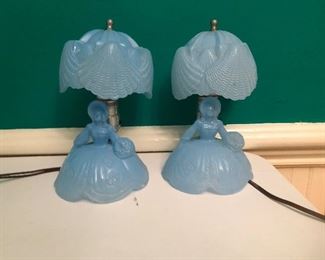 VINTAGE SOUTHERN BELLE VICTORIAN BLUE GLASS TABLE LAMPS