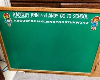 Vintage Raggedy Ann and Andy go to school chalkboard by the Bobbs Merrill Company Incorporated. Large double-sided Board One sign green with decals the other side black.