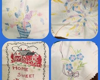 Many nice vintage needle point and cross stitched linens