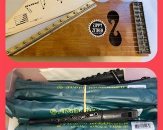 Zippy Zither 12-String Autoharp/Zither with Music and a box full of recorders