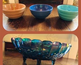 vintage mixing bowls blue iridescent carnival glass