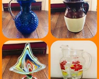 cobalt hobnail pitcher vintage USA stoneware brown &tan crock pitcher vintage hand blown art glass vase with twisted coil base vintage pitcher