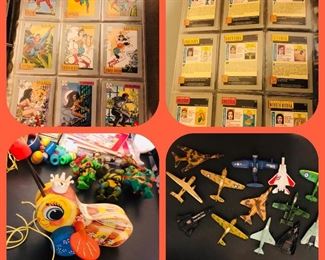 Lots of collectible comic cards and toys