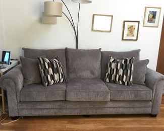 Grey Microfiber Sofa - Like New. (approx. 93in L x 39.5in D x 31in H)
