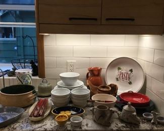 Misc Pasta Dishes ,Ceramic Pitcher, Set of IKEA dishes, White Porcelain Bowls, rice Bowl, Chop Sticks, and Egyptian Ceramics.