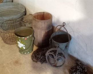 Vintage buckets; galvanized buckets;