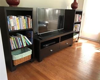3 piece media center Baronet furniture from Crate & Barrel. TV stand measures 22" deep x 58" wide x 21.25" tall. Bookcases measure 17.25" deep x 21" wide x 47.25" tall. (retailed around $4000) Asking $995 for 3 pieces